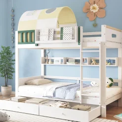 Lit Superposé 90x200 cm - Lit Cabane enfant avec Petite Tente, Échelle et 2 Tiroirs à Roulettes, Bois de Pin, Blanc, Sans Matelas