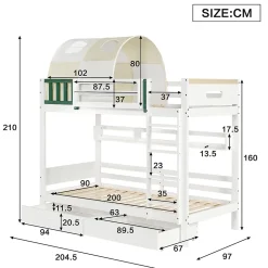 Lit Superposé 90x200 cm - Lit Cabane enfant avec Petite Tente, Échelle et 2 Tiroirs à Roulettes, Bois de Pin, Blanc, Sans Matelas