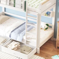 Lit Superposé 90x200 cm - Lit Cabane enfant avec Petite Tente, Échelle et 2 Tiroirs à Roulettes, Bois de Pin, Blanc, Sans Matelas