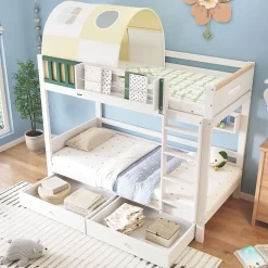 Lit Superposé 90x200 cm - Lit Cabane enfant avec Petite Tente, Échelle et 2 Tiroirs à Roulettes, Bois de Pin, Blanc, Sans Matelas