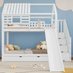 Lit Superposé 90x200 cm - Lit Cabane enfant avec Lit Gigogne, Toboggan et Rangement - Bois Pin, MDF et Contreplaqué - Blanc