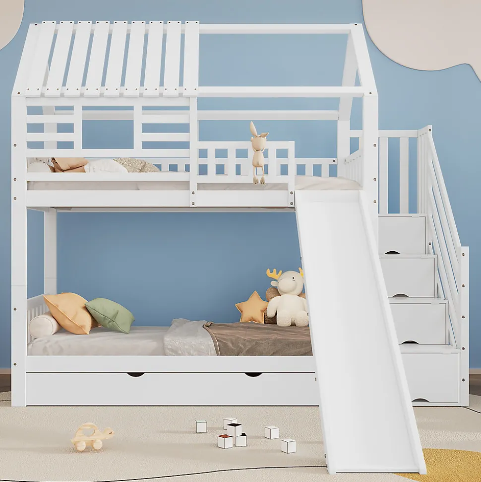 Lit Superposé 90x200 cm - Lit Cabane enfant avec Lit Gigogne, Toboggan et Rangement - Bois Pin, MDF et Contreplaqué - Blanc