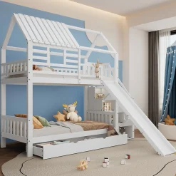 Lit Superposé 90x200 cm - Lit Cabane enfant avec Lit Gigogne, Toboggan et Rangement - Bois Pin, MDF et Contreplaqué - Blanc
