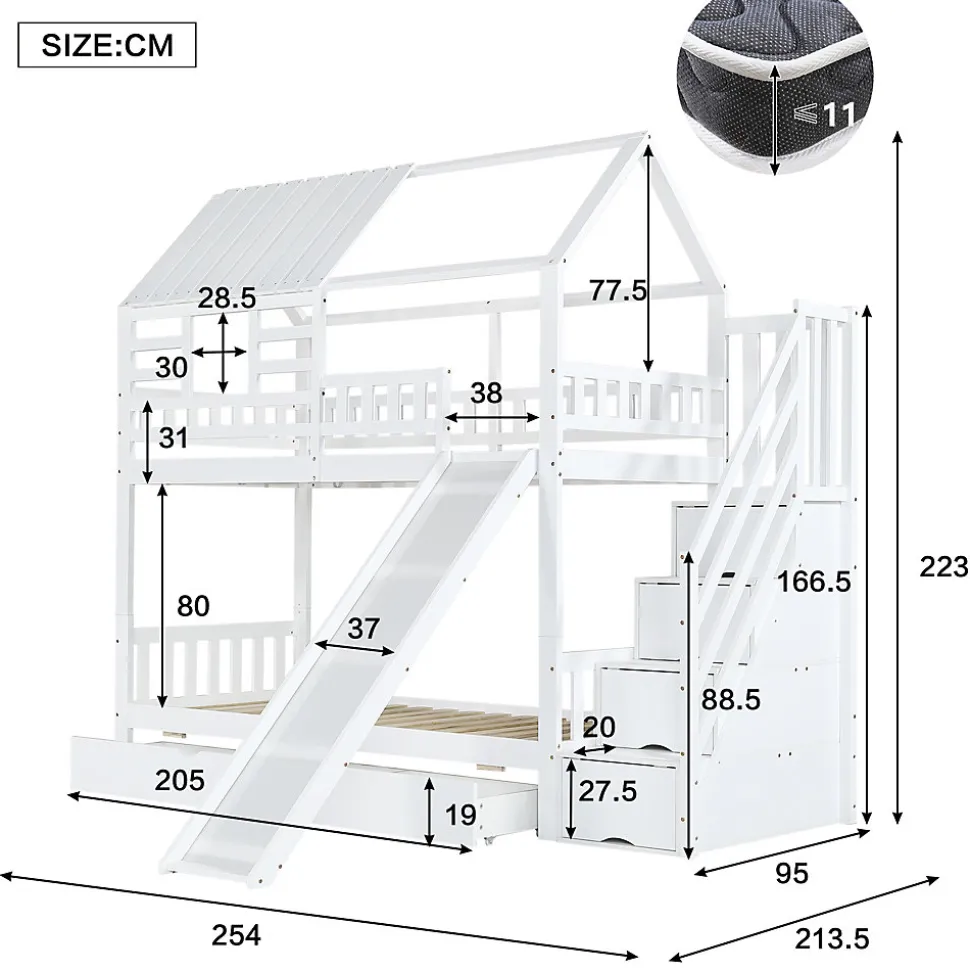 Lit Superposé 90x200 cm - Lit Cabane enfant avec Lit Gigogne, Toboggan et Rangement - Bois Pin, MDF et Contreplaqué - Blanc