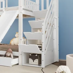 Lit Superposé 90x200 cm - Lit Cabane enfant avec Lit Gigogne, Toboggan et Rangement - Bois Pin, MDF et Contreplaqué - Blanc