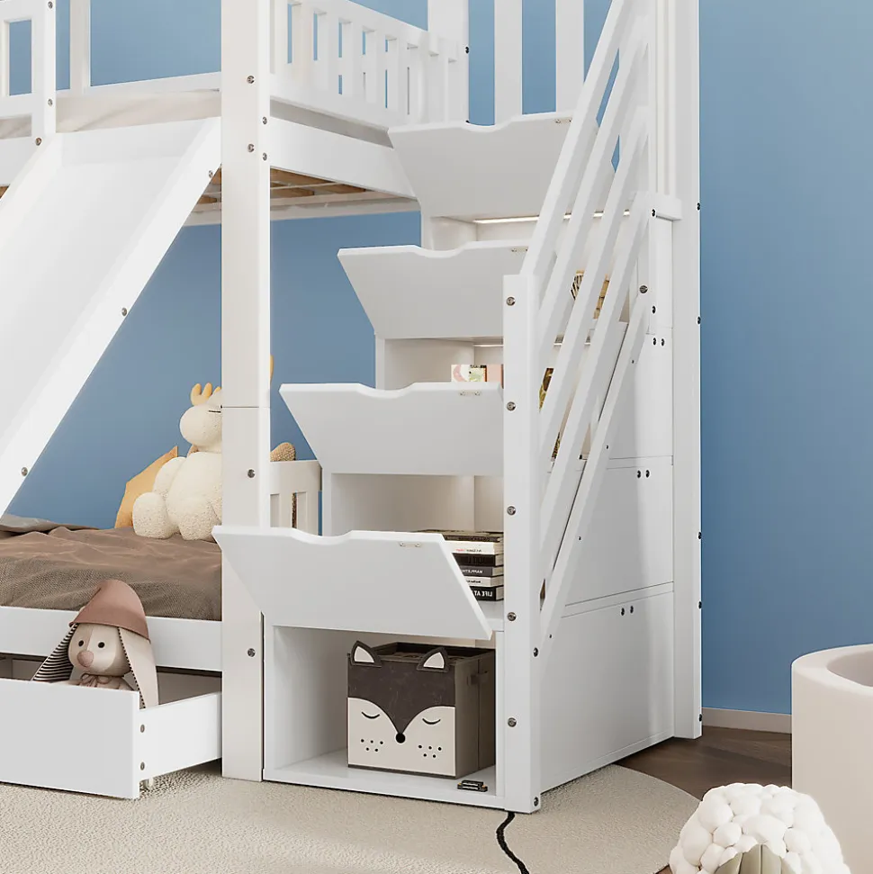 Lit Superposé 90x200 cm - Lit Cabane enfant avec Lit Gigogne, Toboggan et Rangement - Bois Pin, MDF et Contreplaqué - Blanc