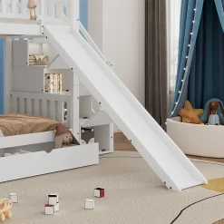Lit Superposé 90x200 cm - Lit Cabane enfant avec Lit Gigogne, Toboggan et Rangement - Bois Pin, MDF et Contreplaqué - Blanc