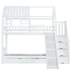 Lit Superposé 90x200 cm - Lit Cabane enfant avec Lit Gigogne, Toboggan et Rangement - Bois Pin, MDF et Contreplaqué - Blanc