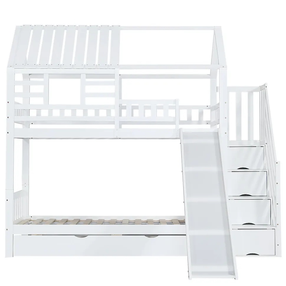 Lit Superposé 90x200 cm - Lit Cabane enfant avec Lit Gigogne, Toboggan et Rangement - Bois Pin, MDF et Contreplaqué - Blanc