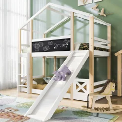 Lit superposé 90x200 cm - Lit cabane enfant avec toboggan et échelle - Bois massif - Sommier extensible - Sans matelas - Blanc