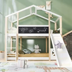 Lit superposé 90x200 cm - Lit cabane enfant avec toboggan et échelle - Bois massif - Sommier extensible - Sans matelas - Blanc