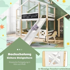 Lit superposé 90x200 cm - Lit cabane enfant avec toboggan et échelle - Bois massif - Sommier extensible - Sans matelas - Blanc