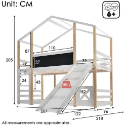 Lit superposé 90x200 cm - Lit cabane enfant avec toboggan et échelle - Bois massif - Sommier extensible - Sans matelas - Blanc