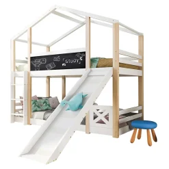 Lit superposé 90x200 cm - Lit cabane enfant avec toboggan et échelle - Bois massif - Sommier extensible - Sans matelas - Blanc