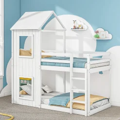 Lit Superposé 90x200 cm - Lit Cabane enfant avec Échelle et Baldaquin - Bois de Pin - Sans Matelas - Blanc