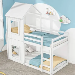 Lit Superposé 90x200 cm - Lit Cabane enfant avec Échelle et Baldaquin - Bois de Pin - Sans Matelas - Blanc
