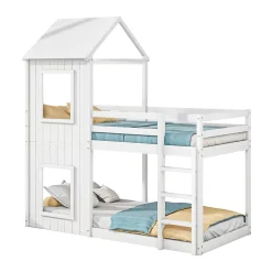 Lit Superposé 90x200 cm - Lit Cabane enfant avec Échelle et Baldaquin - Bois de Pin - Sans Matelas - Blanc