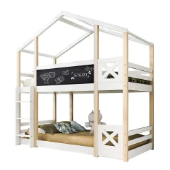 Lit superposé 90x200 cm - Lit cabane enfant avec échelle et barrières - Bois massif - Sans matelas - Blanc