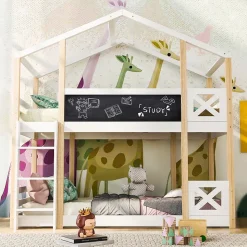 Lit superposé 90x200 cm - Lit cabane enfant avec échelle et barrières - Bois massif - Sans matelas - Blanc