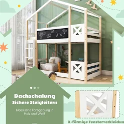 Lit superposé 90x200 cm - Lit cabane enfant avec échelle et barrières - Bois massif - Sans matelas - Blanc