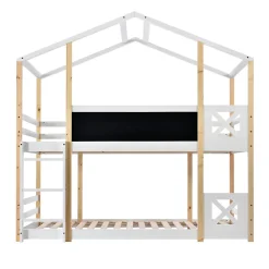 Lit superposé 90x200 cm - Lit cabane enfant avec échelle et barrières - Bois massif - Sans matelas - Blanc