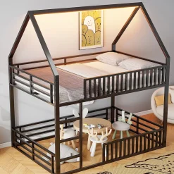 Lit superposé 140x200 cm - Lit double avec design cabane et barrières - Métal - Sans matelas - Noir