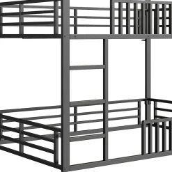 Lit superposé 140x200 cm - Lit double avec design cabane et barrières - Métal - Sans matelas - Noir