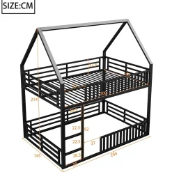 Lit superposé 140x200 cm - Lit double avec design cabane et barrières - Métal - Sans matelas - Noir