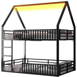 Lit superposé 140x200 cm - Lit double avec design cabane et barrières - Métal - Sans matelas - Noir