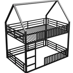Lit superposé 140x200 cm - Lit double avec design cabane et barrières - Métal - Sans matelas - Noir