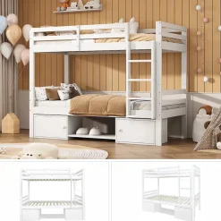 Lit superposé 90x200 cm - Lit enfant avec 2 tiroirs et porte chaussures - MDF + Pin - Sans matelas - Blanc