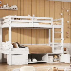 Lit superposé 90x200 cm - Lit enfant avec 2 tiroirs et porte chaussures - MDF + Pin - Sans matelas - Blanc