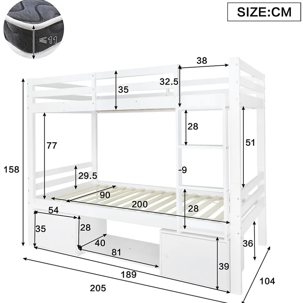 Lit superposé 90x200 cm - Lit enfant avec 2 tiroirs et porte chaussures - MDF + Pin - Sans matelas - Blanc