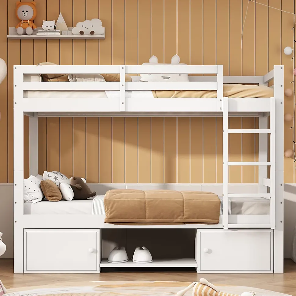 Lit superposé 90x200 cm - Lit enfant avec 2 tiroirs et porte chaussures - MDF + Pin - Sans matelas - Blanc