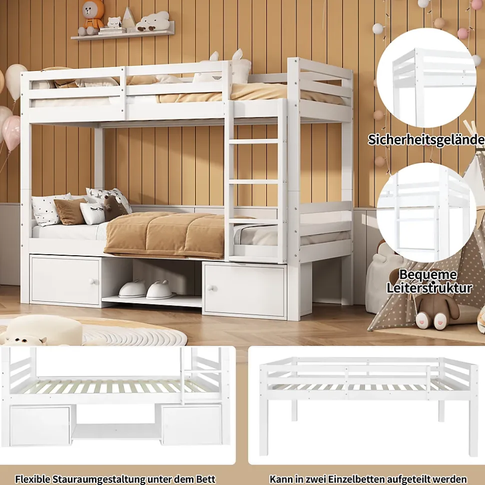 Lit superposé 90x200 cm - Lit enfant avec 2 tiroirs et porte chaussures - MDF + Pin - Sans matelas - Blanc