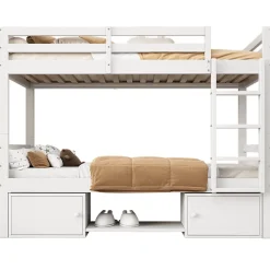 Lit superposé 90x200 cm - Lit enfant avec 2 tiroirs et porte chaussures - MDF + Pin - Sans matelas - Blanc