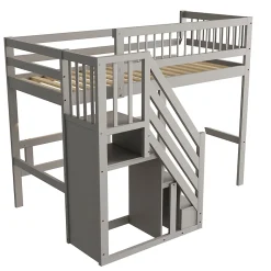 Lit Superposé 90x200 cm - Lit enfant avec Échelle et Rangement Intégré, Structure en Bois Massif, Sans Matelas - Gris