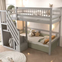 Lit Superposé 90x200 cm - Lit enfant avec Échelle et Rangement Intégré, Structure en Bois Massif, Sans Matelas - Gris