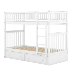 Lit Superposé 90x200 cm - Lit enfant avec 2 Tiroirs de Rangement - Bois de Pin et MDF Robuste - Blanc - Sans Matelas