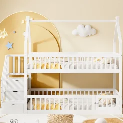 Lit superposé 90x200 cm - Lit enfant avec Rangement et Toit, Échelle de Sécurité et Garde-Corps, Sans Matelas - Bois Massif Blanc