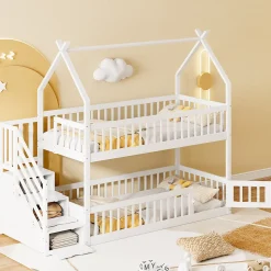 Lit superposé 90x200 cm - Lit enfant avec Rangement et Toit, Échelle de Sécurité et Garde-Corps, Sans Matelas - Bois Massif Blanc