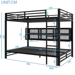 Lit Superposé 140x200 cm - Lit Enfant et Ado avec LED et Rangement, Étagères Intégrées, Sans Matelas, en Métal, Noir