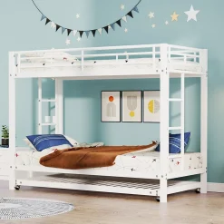 Lit Superposé 90x200 cm - Lit enfant avec Lit Gigogne Extensible, Garde-Corps Hauts, Métal, Blanc - Sans Matelas