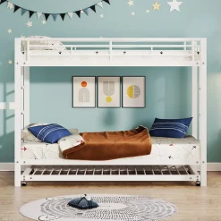 Lit Superposé 90x200 cm - Lit enfant avec Lit Gigogne Extensible, Garde-Corps Hauts, Métal, Blanc - Sans Matelas