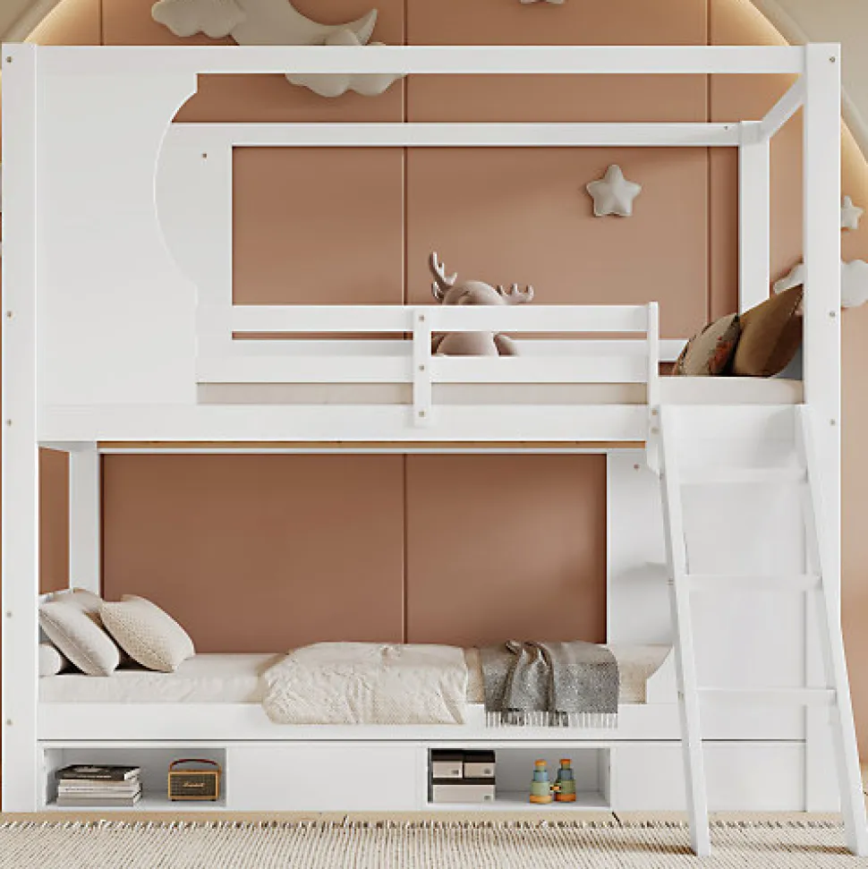 Lit Superposé 90x200 cm - Lit enfant Combiné avec Armoire, Table Pratique et Escalier Sécurisé - Grand Rangement - MDF Blanc