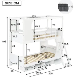 Lit Superposé 90x200 cm - Lit enfant Combiné avec Armoire, Table Pratique et Escalier Sécurisé - Grand Rangement - MDF Blanc