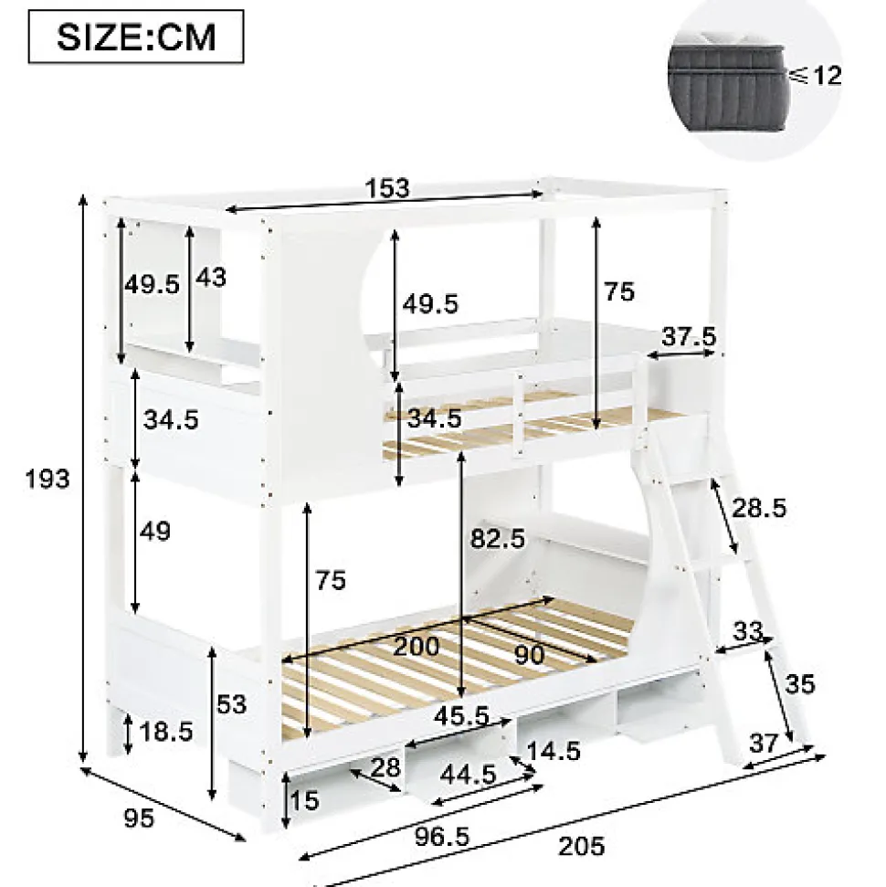 Lit Superposé 90x200 cm - Lit enfant Combiné avec Armoire, Table Pratique et Escalier Sécurisé - Grand Rangement - MDF Blanc