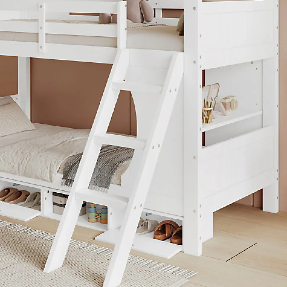 Lit Superposé 90x200 cm - Lit enfant Combiné avec Armoire, Table Pratique et Escalier Sécurisé - Grand Rangement - MDF Blanc