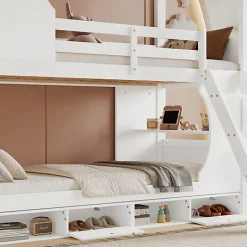 Lit Superposé 90x200 cm - Lit enfant Combiné avec Armoire, Table Pratique et Escalier Sécurisé - Grand Rangement - MDF Blanc