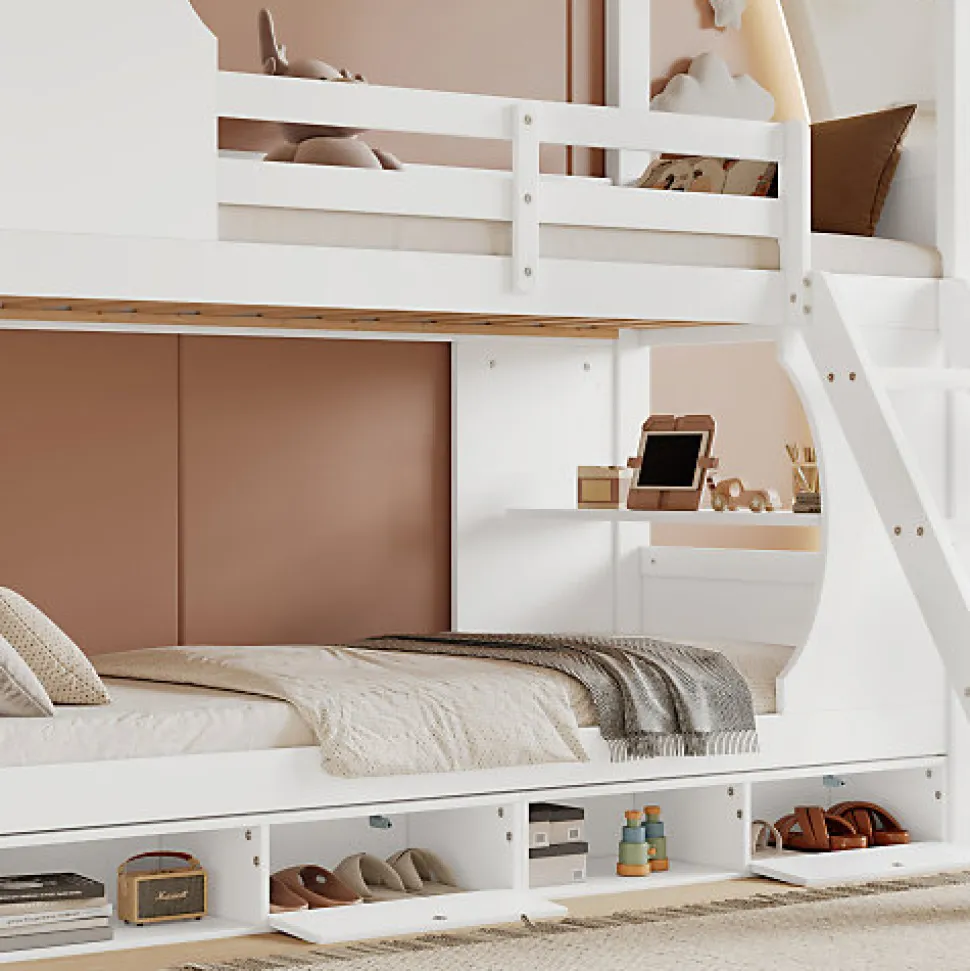 Lit Superposé 90x200 cm - Lit enfant Combiné avec Armoire, Table Pratique et Escalier Sécurisé - Grand Rangement - MDF Blanc